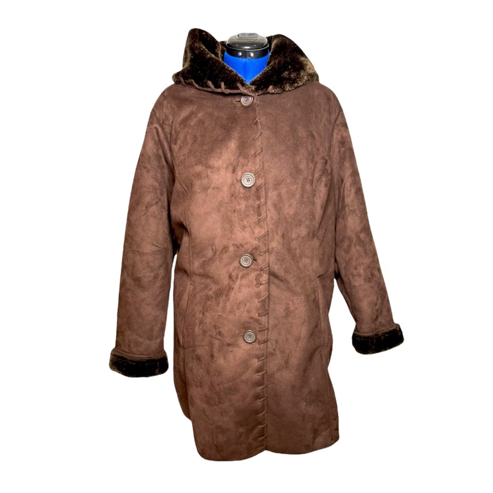 d&co 2X brown faux suede & fur trim long hooded button up plus-size jacket